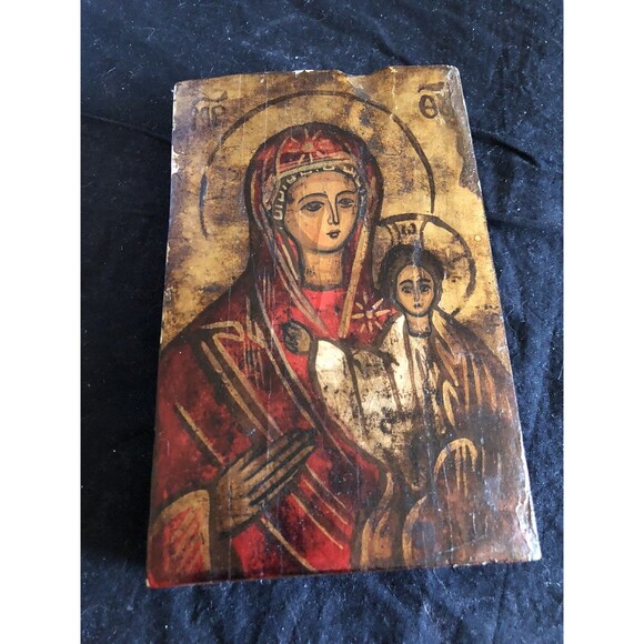 Other - Vintage Wooden Religious Christian  icon Mary Jesus painting Wood Rare Art Small